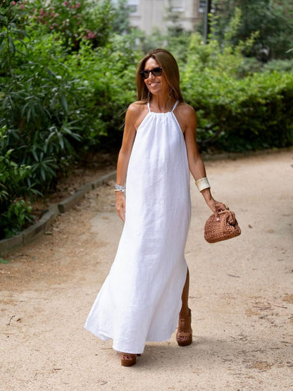 Halter Neck Slit Cotton And Linen Long Dress For Casual Vacations