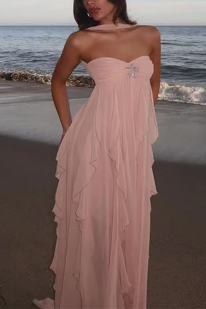 Margovil Sleeveless Open Back Ruffle Trim Slit Maxi Dress