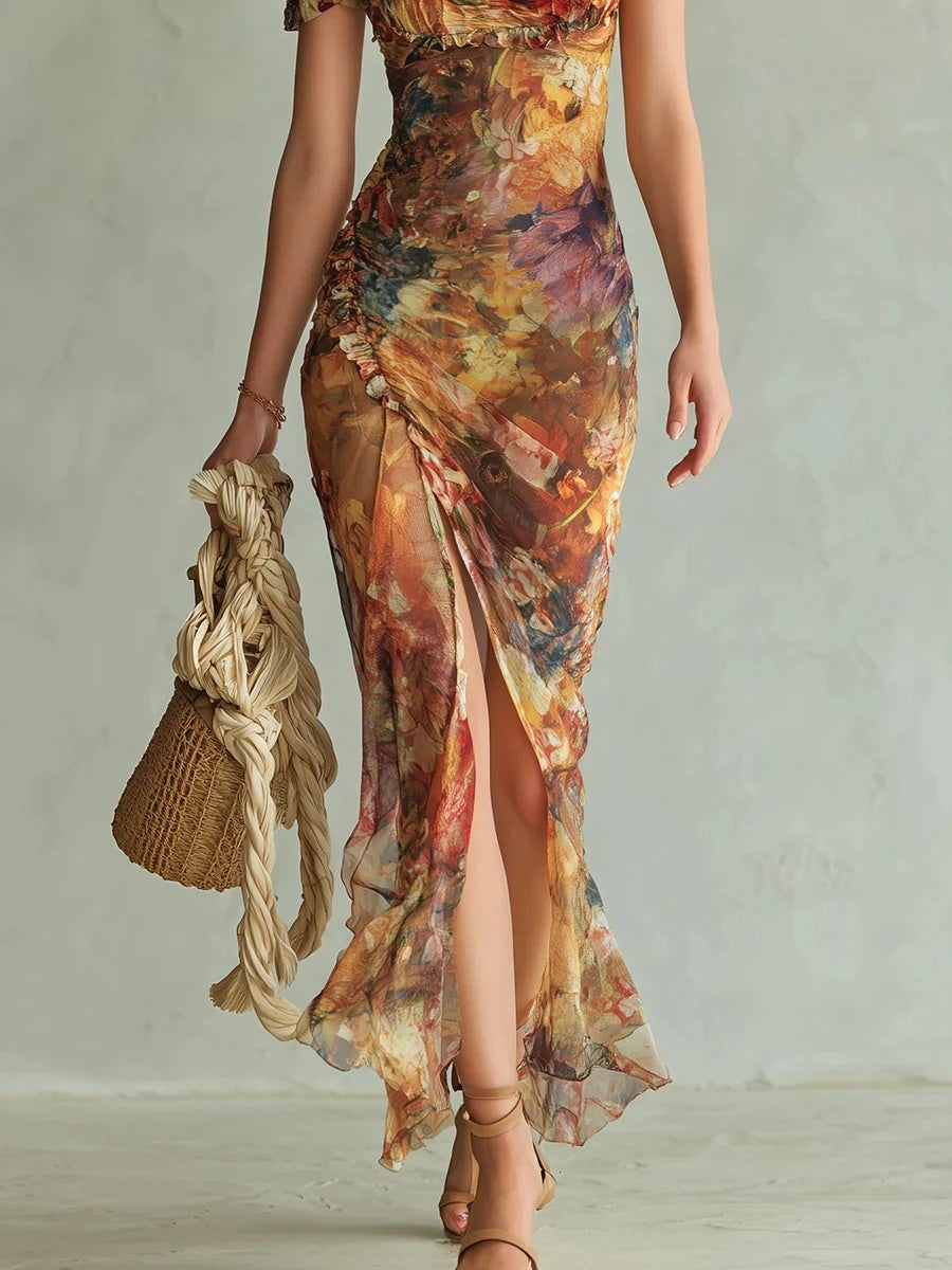 Floral V-neck Fitted Waist Ruffled Long Dress