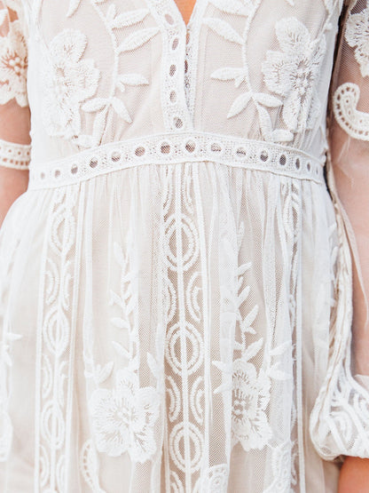 Lace Long-sleeved V-neck Solid Color Chiffon Long Dress