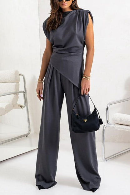 Margovil Ruched Asymmetrical Top and Wide Leg Pants Set