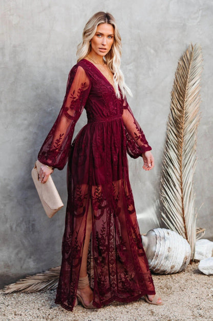Deep V Neck Floral Lace Embroidered Long Sleeve Side Slit Maxi Dress