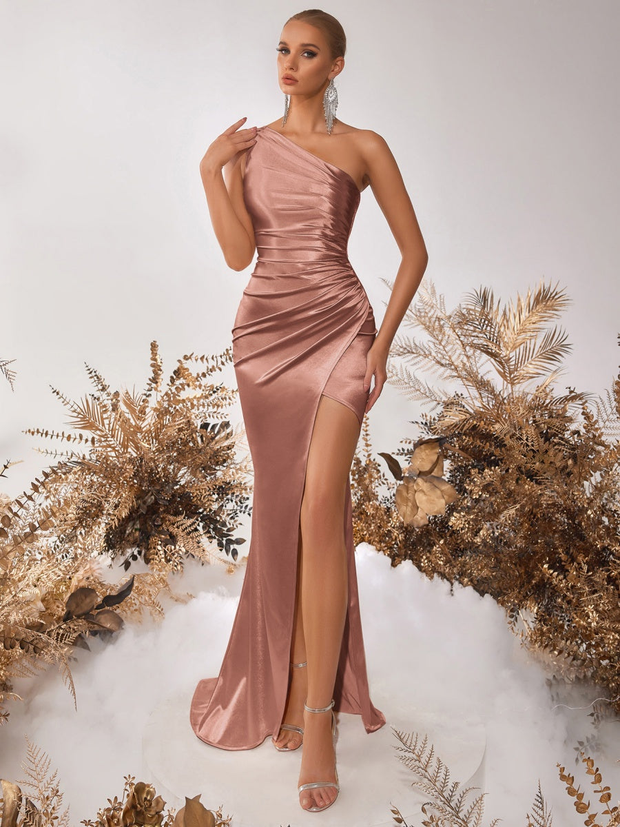 Shoulder Pleats, Slim Fit, Slit High-quality Party Maxi Dresses