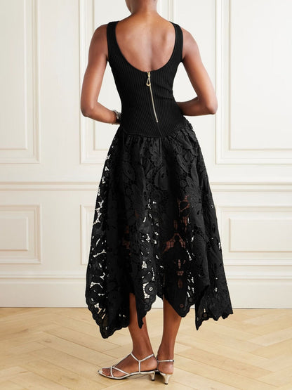 Sleeveless Lace Stitching Irregular Hem Temperament Maxi Dresses