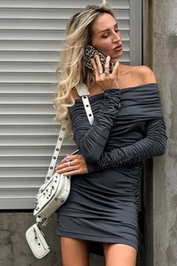 Off Shoulder Horizontal Ruched Knit Long Sleeve Bodycon Mini Dress