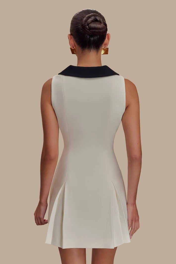 Oversized Pointed Collar Button Front Sleeveless A-Line Mini Dress