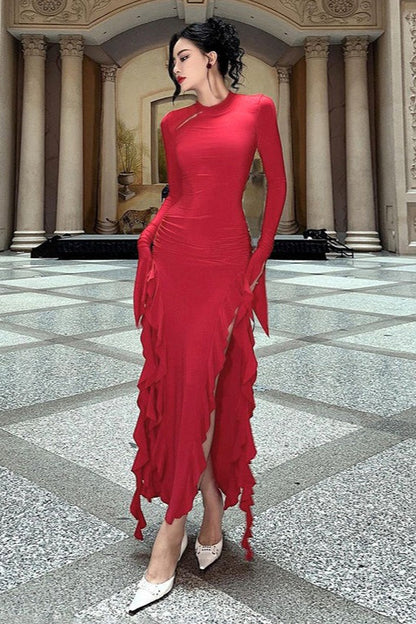 Crew Neck Ruched Long Sleeve Integrated Glove High Slit Ruffle Trim Maxi Dress