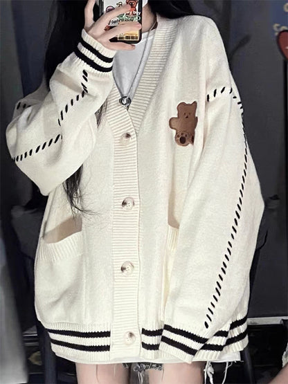 Preppy Bear Embroidery Seam Detail V Neck Knit Cardigan