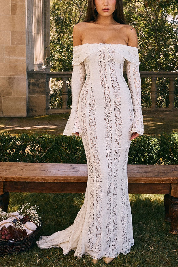 Floral Lace Off Shoulder Bell Sleeve Mermaid Maxi Dress