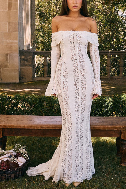 Floral Lace Off Shoulder Bell Sleeve Mermaid Maxi Dress