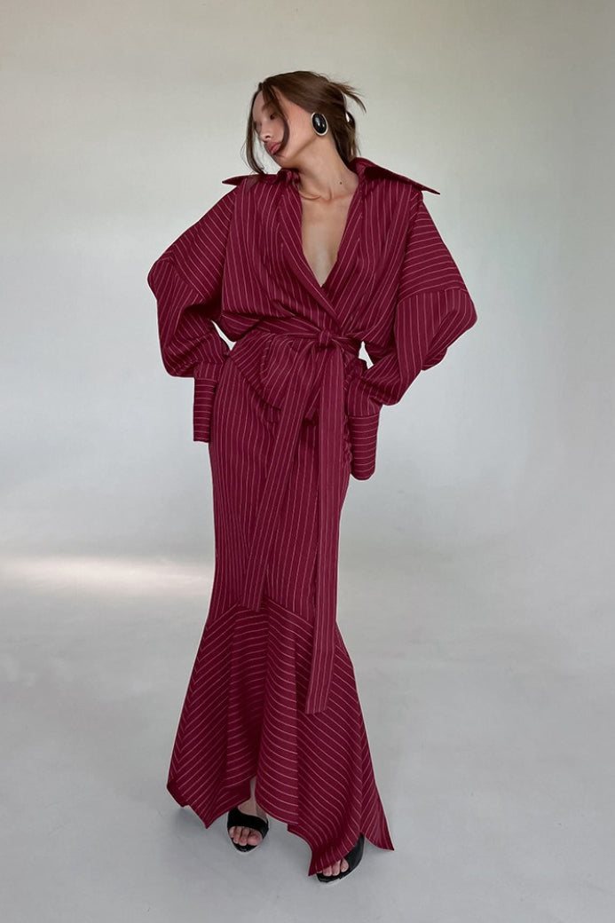 | Striped V-Neck Tie Fitted Waist Maxi Dress