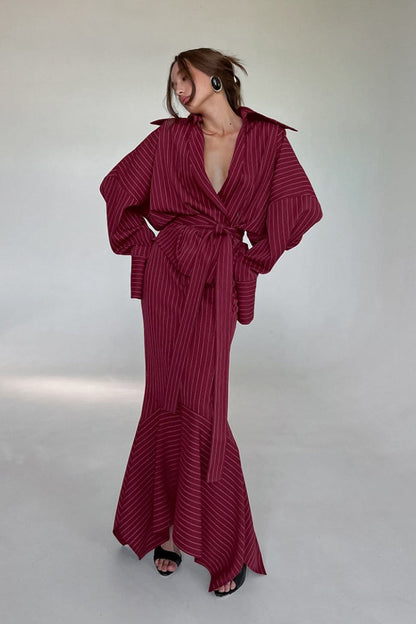 | Striped V-Neck Tie Fitted Waist Maxi Dress