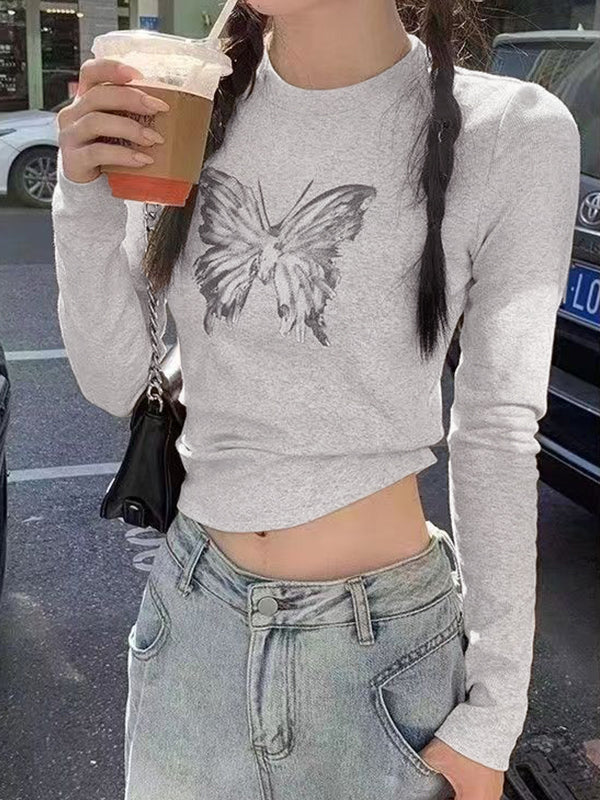 Vintage Butterfly Print Long Sleeve Tee