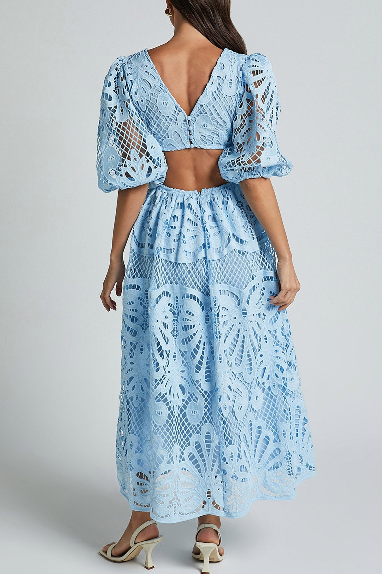 V-neck Lace Embroidery Hollow Waist Dress