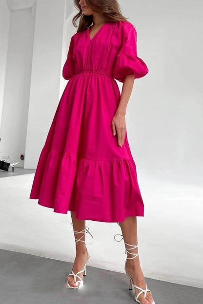 Half Sleeve V Neck High Waist Midi Dress