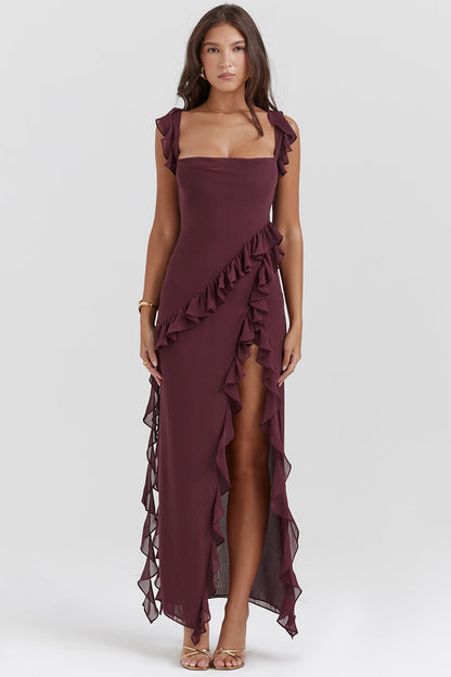 Square Neck Cap Sleeve Cascading Ruffle Trim High Slit Maxi Gown