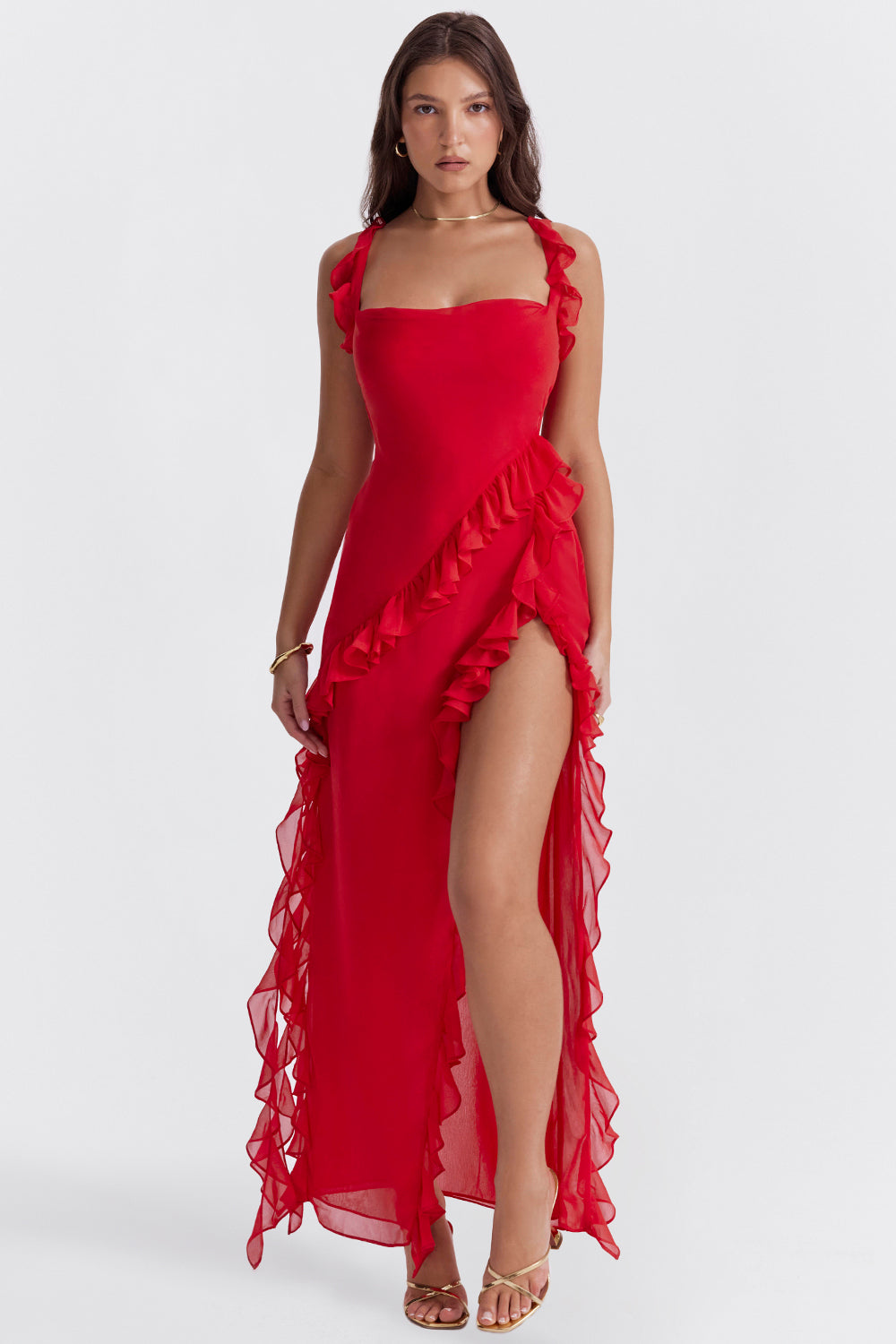 Square Neck Cap Sleeve Cascading Ruffle Trim High Slit Maxi Gown