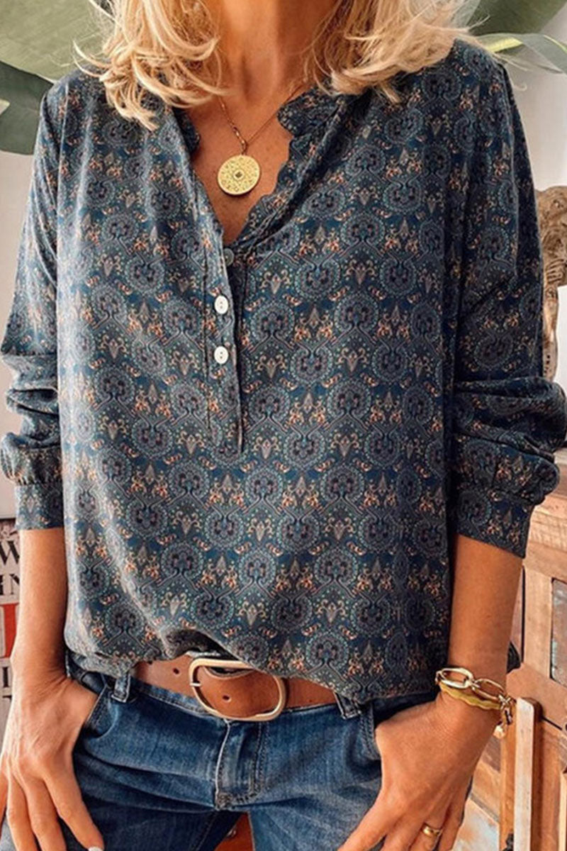 Fashion College Print Patchwork V Neck Blouses