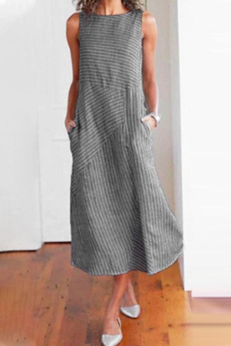 Fashion Street Striped Patchwork O Neck Sleeveless Dresses(6 colors)