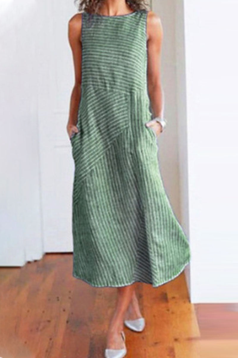 Fashion Street Striped Patchwork O Neck Sleeveless Dresses(6 colors)