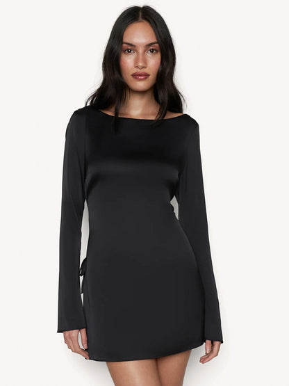 Simple Bodycon Dress Boatneck Open Back Lace Up Party Mini Dresses