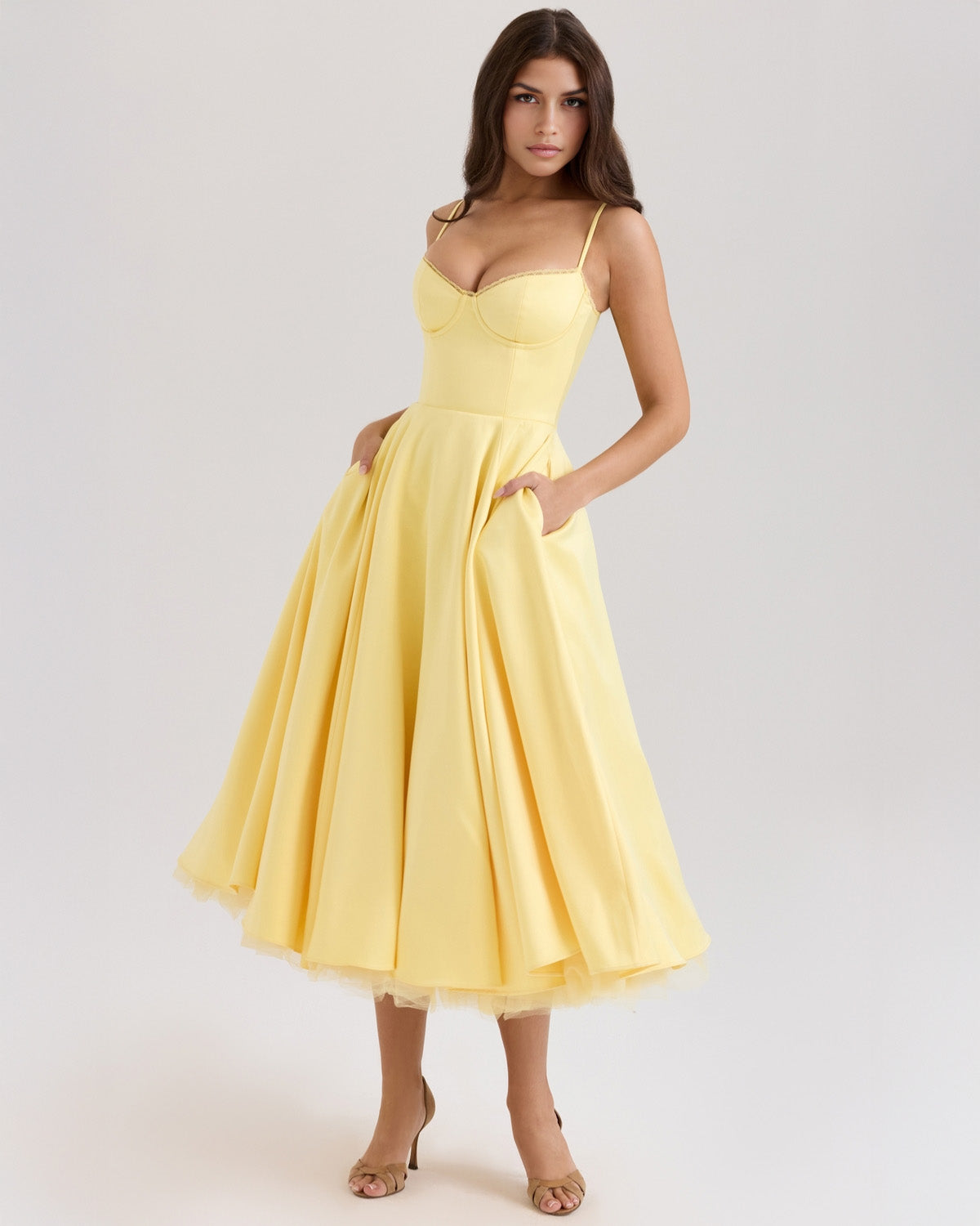 Bustier Spaghetti Strap Lace Trim Pleated Fit and Flare Midi Dress
