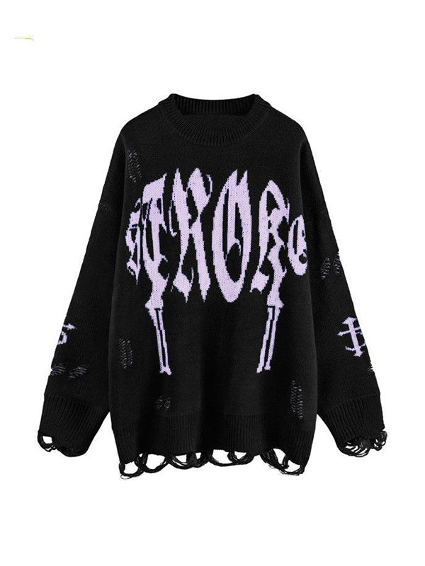 Letter Jacquard Ripped Holes Pullover Sweater