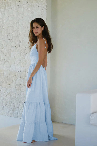| Spaghetti Strap Backless Ruffle Maxi Dress