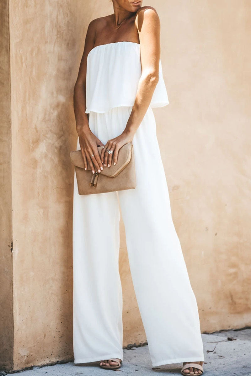Fashion Street Solid Split Joint Strapless Loose Jumpsuits