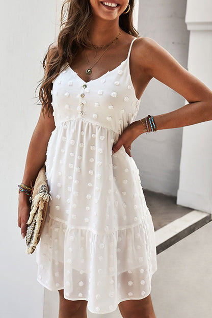 V-Neck Spaghetti Strap Swiss Dot Button Front Ruffle Hem Mini Dress