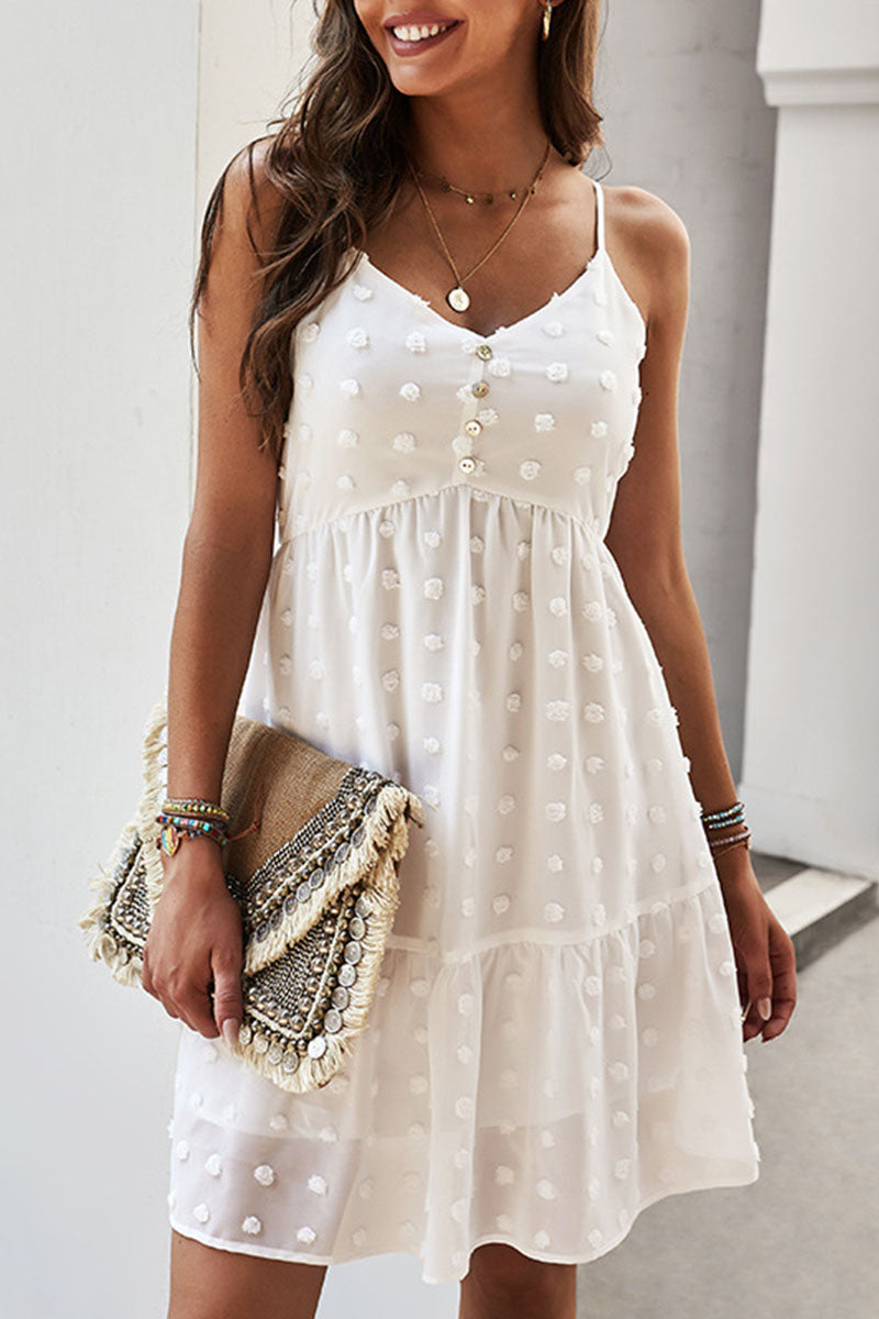 V-Neck Spaghetti Strap Swiss Dot Button Front Ruffle Hem Mini Dress