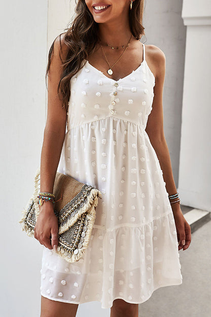 V-Neck Spaghetti Strap Swiss Dot Button Front Ruffle Hem Mini Dress