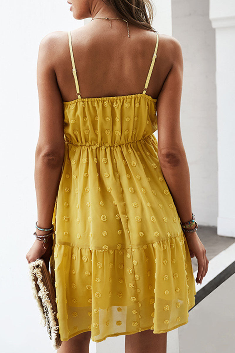 V-Neck Spaghetti Strap Swiss Dot Button Front Ruffle Hem Mini Dress
