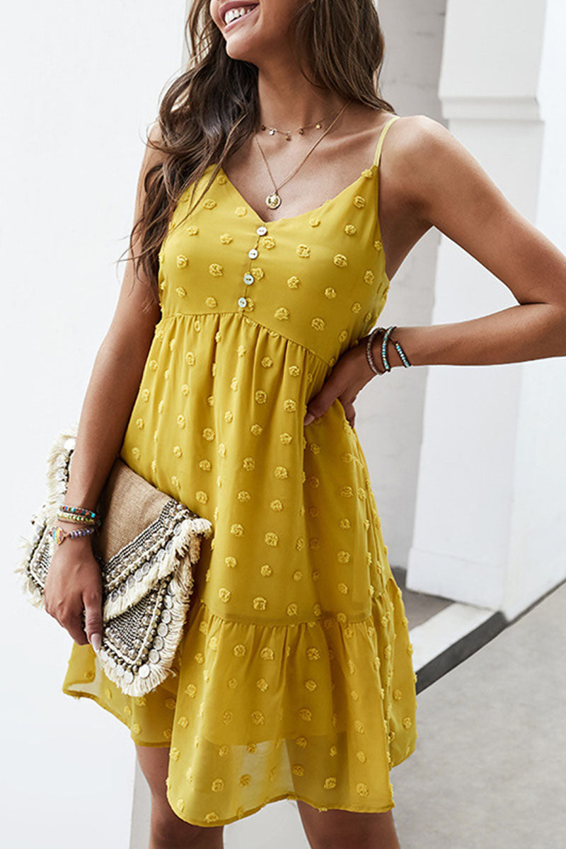 V-Neck Spaghetti Strap Swiss Dot Button Front Ruffle Hem Mini Dress