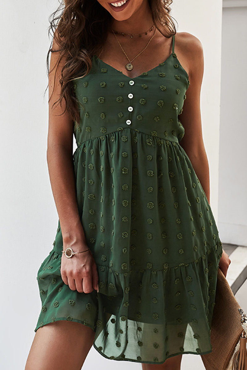 V-Neck Spaghetti Strap Swiss Dot Button Front Ruffle Hem Mini Dress