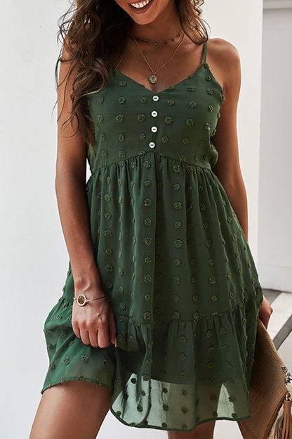V-Neck Spaghetti Strap Swiss Dot Button Front Ruffle Hem Mini Dress