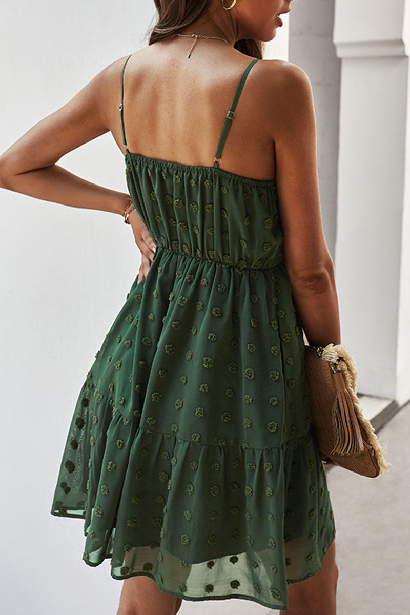 V-Neck Spaghetti Strap Swiss Dot Button Front Ruffle Hem Mini Dress