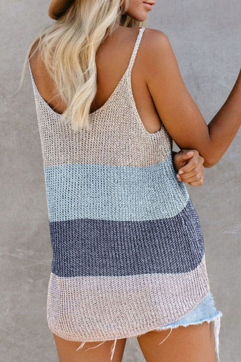 Fashion Street Striped Patchwork U Neck Tops(11 Colors)