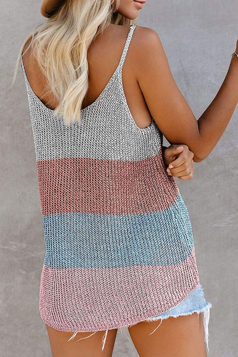 Fashion Street Striped Patchwork U Neck Tops(11 Colors)