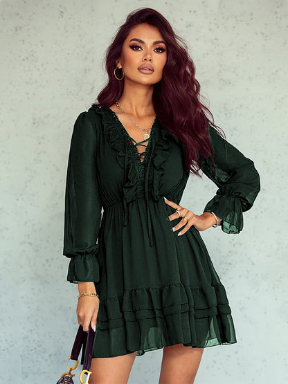 Shirt Dresses Black V-Neck Lace Long Sleeves Polyester Dresses Mini Dresses