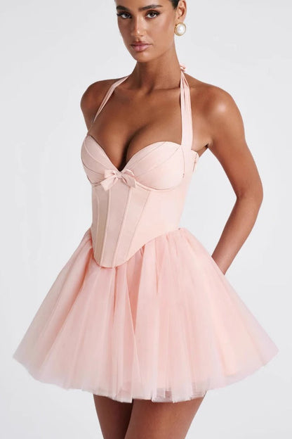 Halter Tie Neck Sweetheart Boned Corset Tulle Tutu Mini Dress