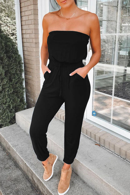 Fashion Street Solid Patchwork Strapless Jumpsuits(3 colors)