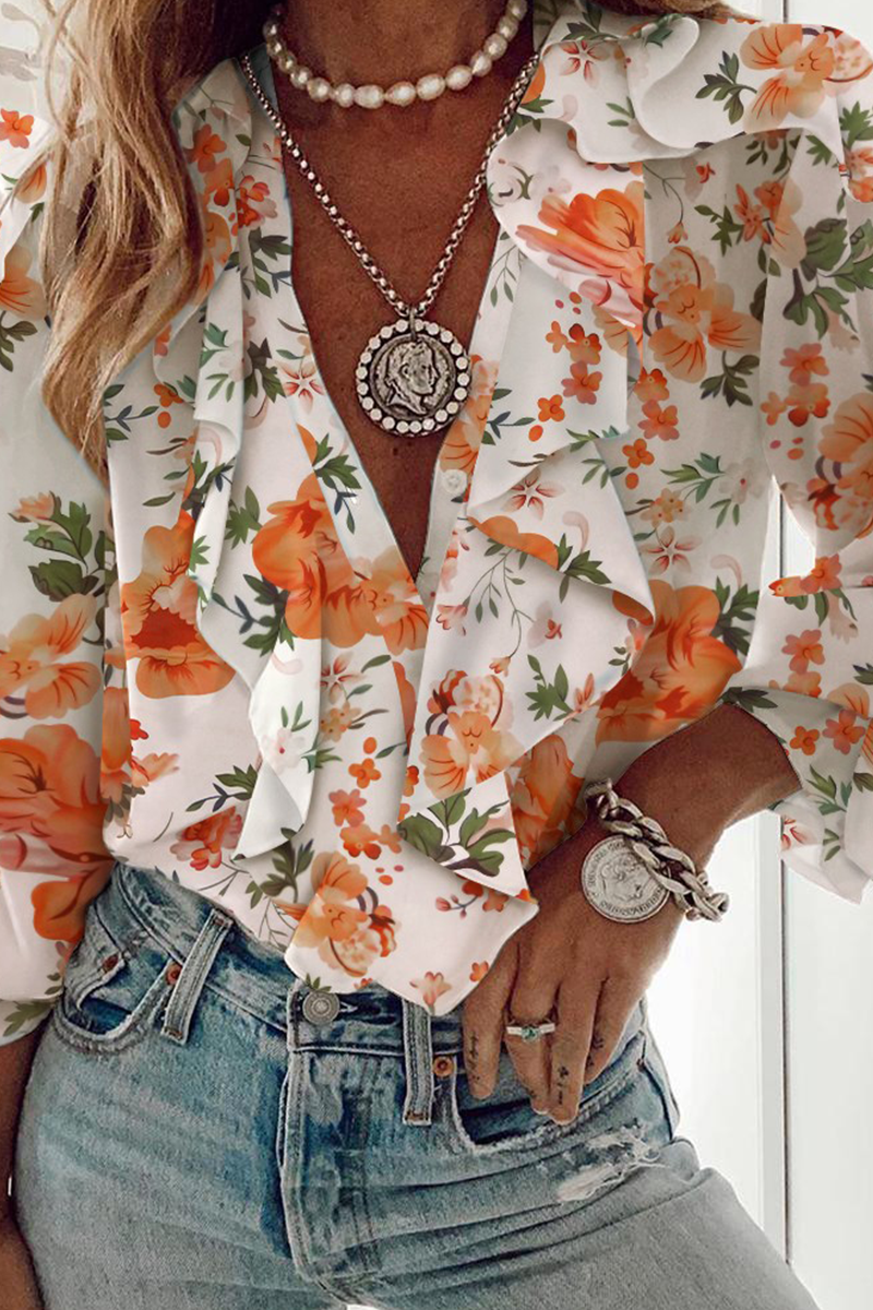 Elegant Print Floral Butterfly Print Patchwork Flounce V Neck Tops(6 Colors)