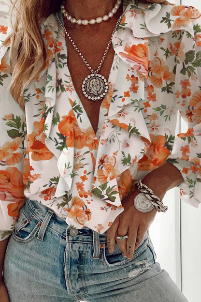 Elegant Print Floral Butterfly Print Patchwork Flounce V Neck Tops(6 Colors)