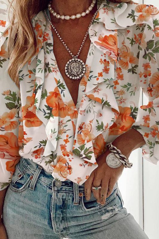 Elegant Print Floral Butterfly Print Patchwork Flounce V Neck Tops(6 Colors)
