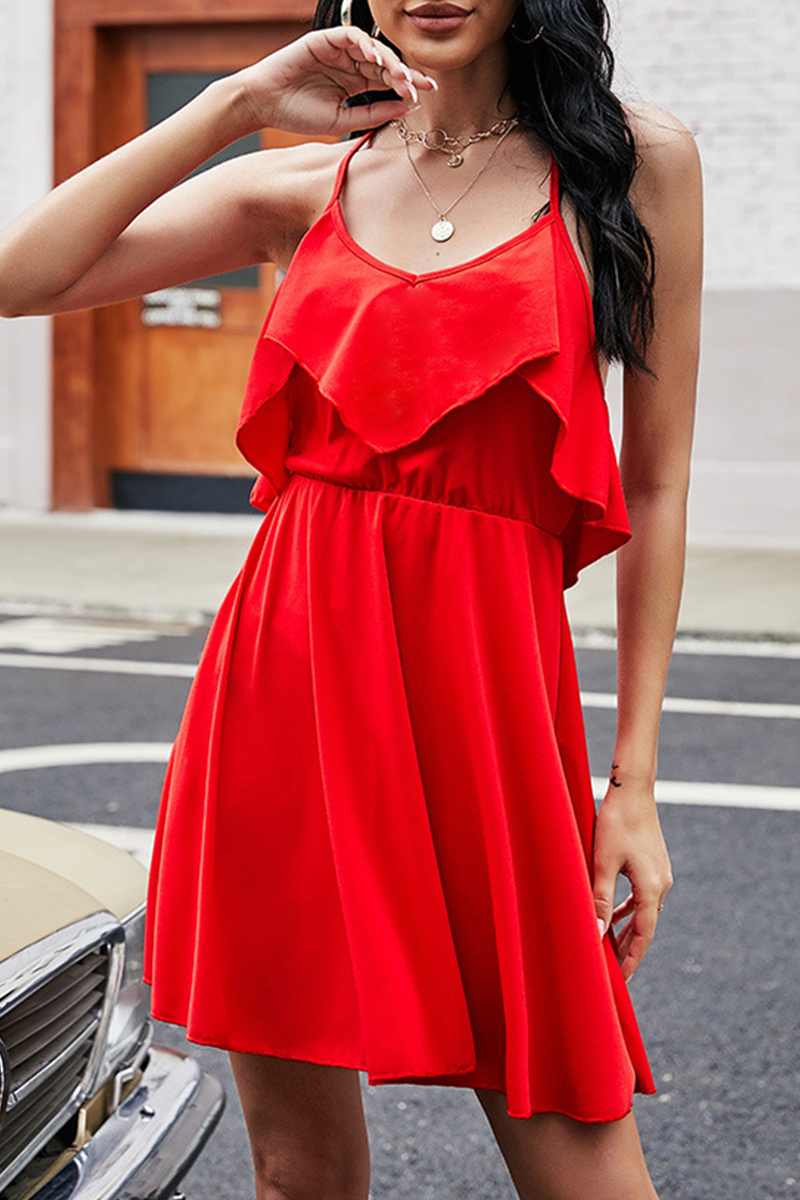 Deep V Neck Spaghetti Strap Ruffle Overlay Flared Mini Dress
