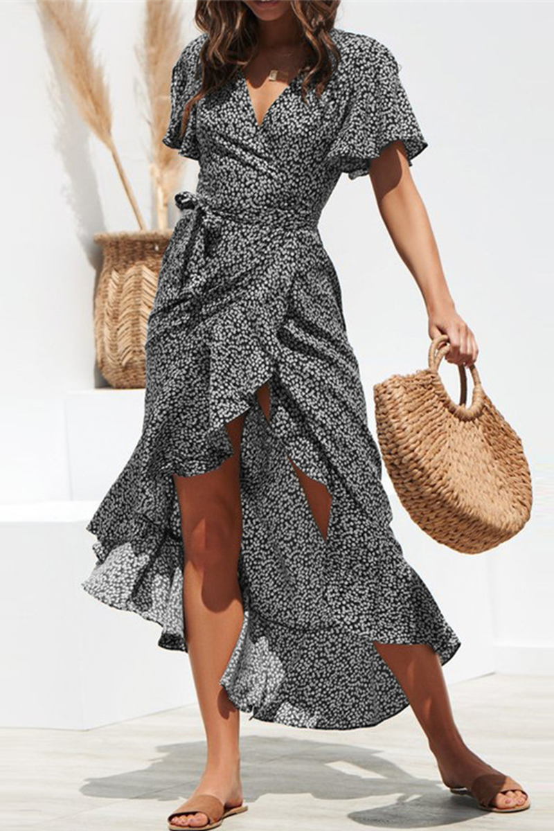 Wrap V Neck Flutter Sleeve Tie Waist Ditsy Floral High Low Ruffle Hem Midi Dress