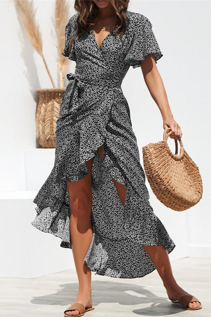 Wrap V Neck Flutter Sleeve Tie Waist Ditsy Floral High Low Ruffle Hem Midi Dress
