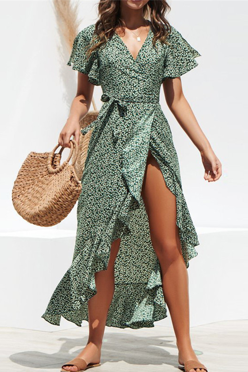 Wrap V Neck Flutter Sleeve Tie Waist Ditsy Floral High Low Ruffle Hem Midi Dress
