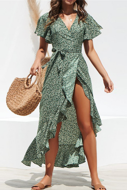 Wrap V Neck Flutter Sleeve Tie Waist Ditsy Floral High Low Ruffle Hem Midi Dress